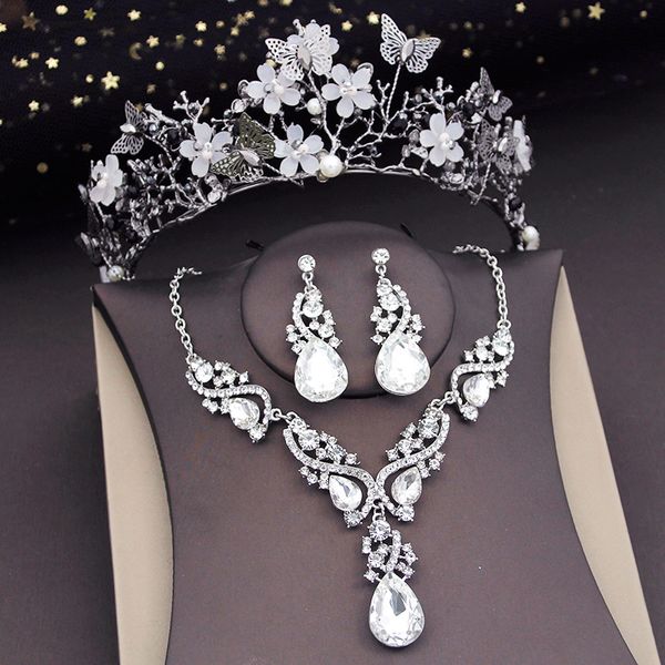 

wedding jewelry sets black crystal crown butterfly bridal and tiaras necklace prom set bride costume accessories 230803, Slivery;golden
