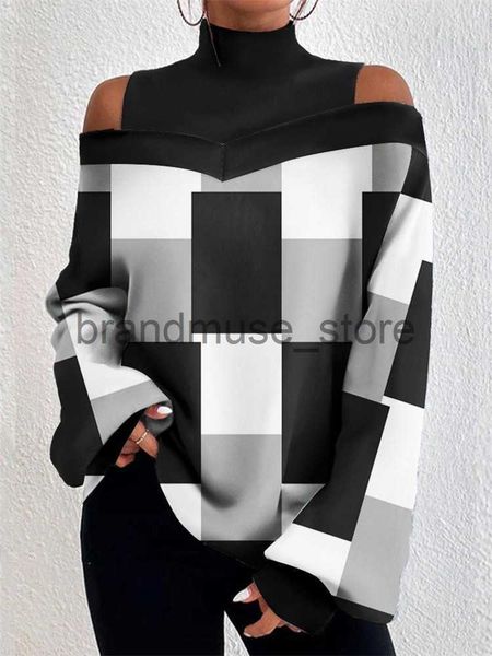 

women's hoodies sweatshirts 2023 new geometric print cold shoulder lantern sleeve ropa de invierno para mujer con envio gratis winter c, Black