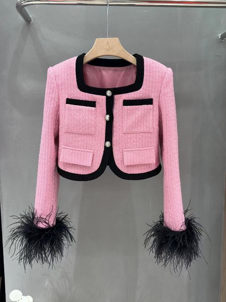 

women's jackets high street est 2023 fashion designer jacket square neck single breasted feather patchwork short jacket 230802, Black;brown