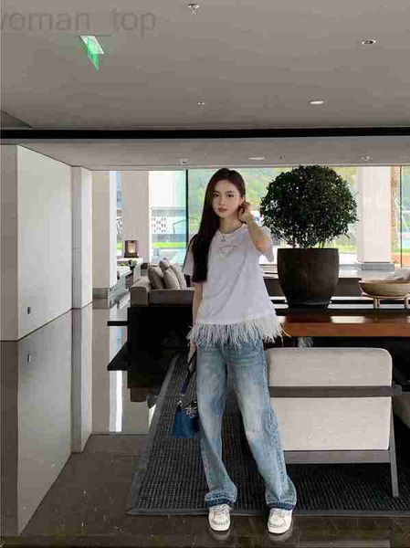 

women's t-shirt designer p family 23 summer new fashion hollow out triangle decorative temperament sweet style bottom feather short sle, White