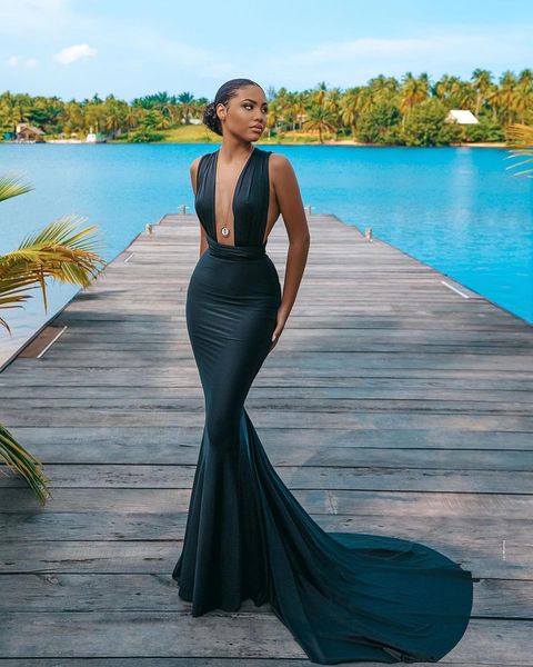 

elegant mermaid evening dresses for women deep v neck satin sweep train formal occasions wear birthday celebrity pageant party prom gowns, Black;red
