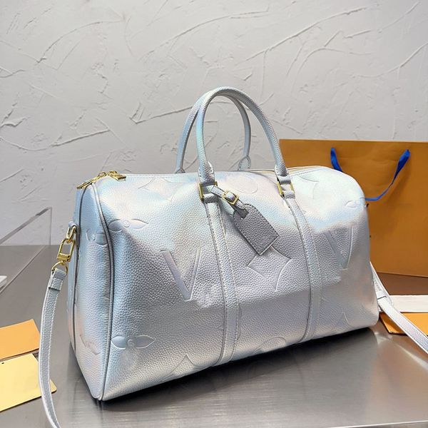 

embossed silver leather designer jumbo travel tote bag with handle removable strap large capacity zipper shoulder handbag outdoor airport su