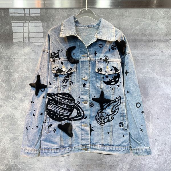 

men's jackets 2023 autumn fashionable design chic loose slim sticker hand painted jean jacket cardigan europe station college men 23080, Black;brown