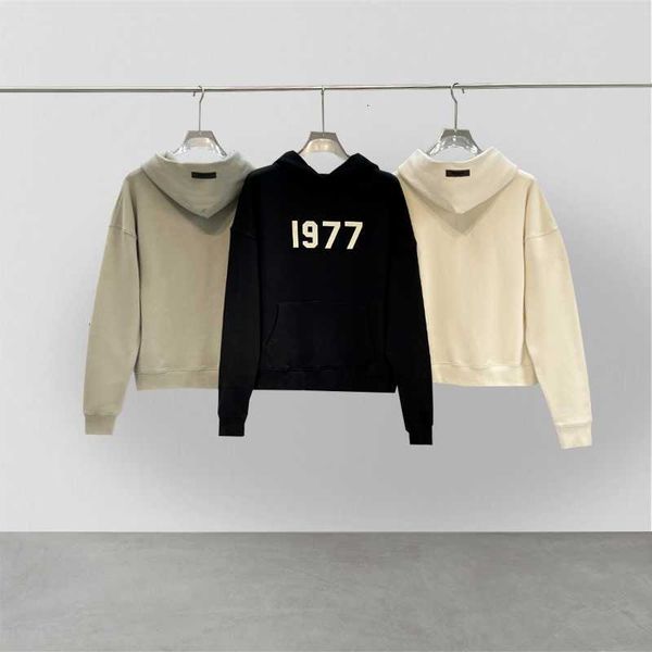 

classic fashion brand eentials hooded sweatshirt 1977 100% cotton flocked hip hop loose oversized hoodie versatile, Black