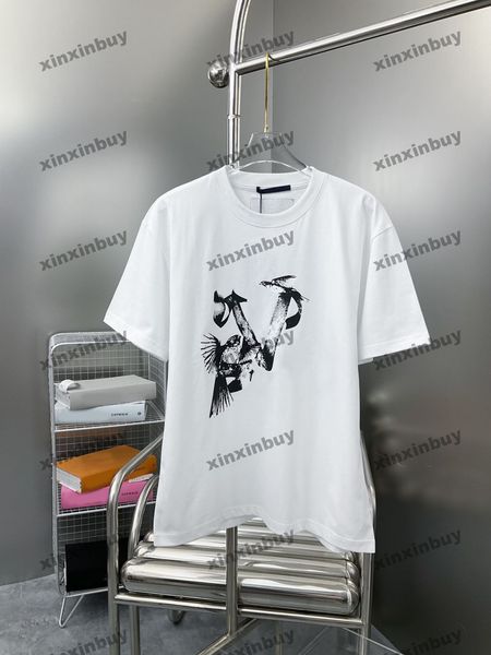 

xinxinbuy men designer tee t shirt 23ss paris graffiti bird printing short sleeve cotton women white blue green s-xl, Black;brown