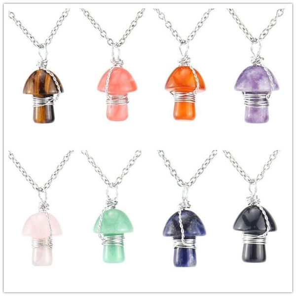 

wire wrap carving mushroom pendant reiki healing crystal tiger eye rose quartz opal aventurines necklace for women jewelry, Silver