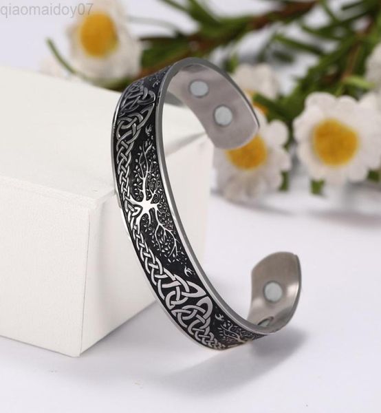 

skyrim viking bangle endless love buttons tree of life birds stainless steel cuff magnetic therapy bracelet men women jewelry gift1864974, Black