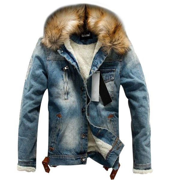

winter jackets men hip hop fur collar thick fleece warm coat mens 2019 male vintage pockets slim jeans jackets denim outwear d205780576, Black