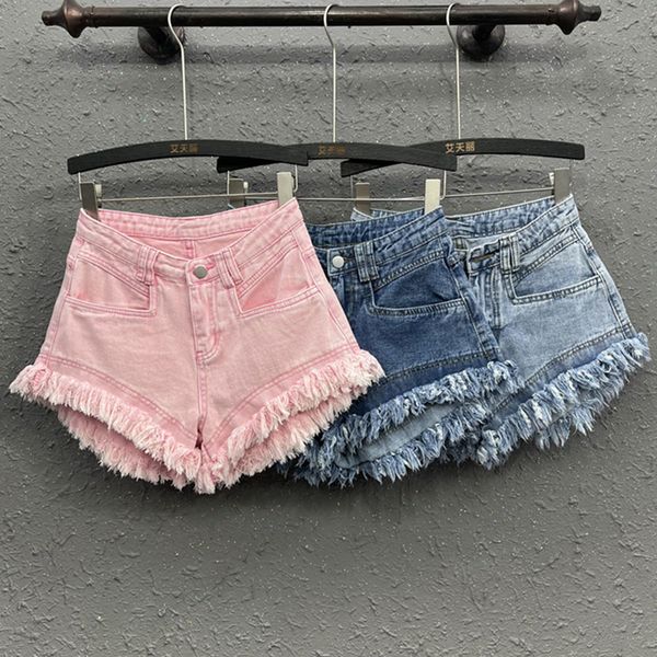 

women's shorts pink denim shorts woman summer high waist burrs tassel wide leg short jean slim fashion all-match jean short pants 23080, White;black