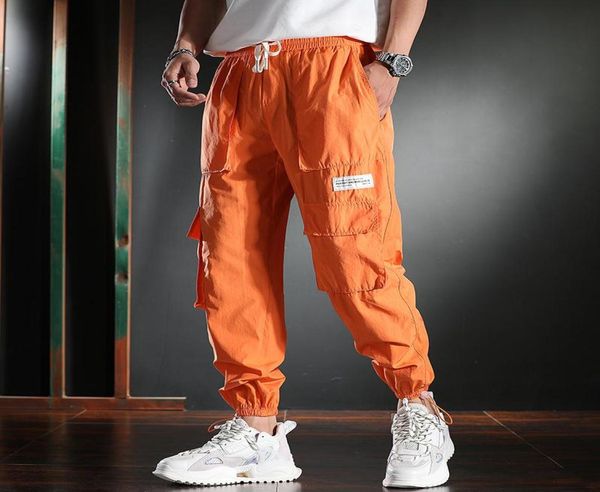 

men039s pants baggy orange cargo men summer hip hop clothing cotton multipocket drawstring trousers1493201, Black