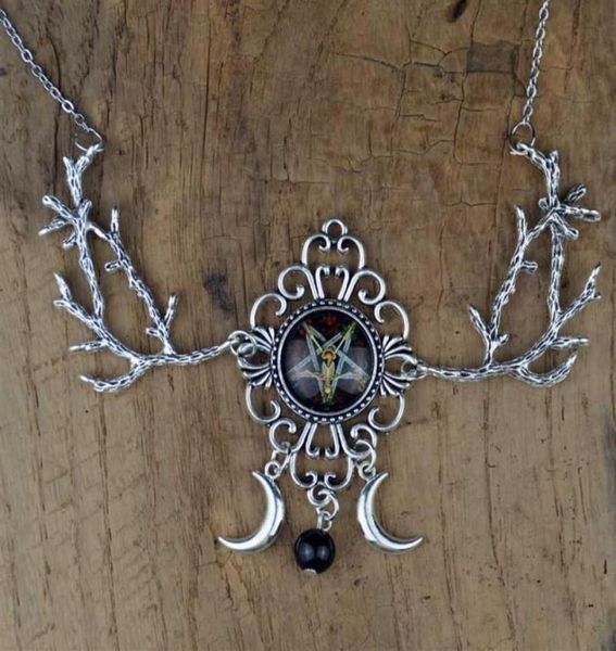

witch pentagram crescent moon necklace fantasy forest branch magic wiccan pagan goth jewelry276p1360394, Silver