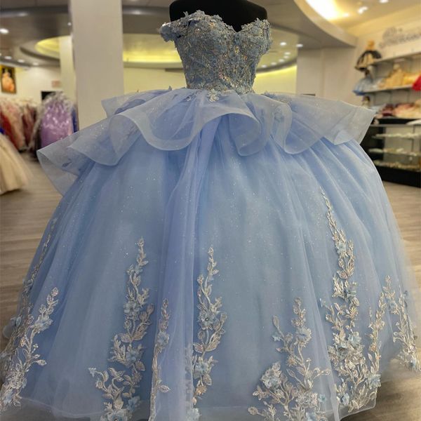 

sky blue shiny quinceanera dresses ball gown appliques lace beaded sweetheart off shoulder birthday party gown vestidos de 15 anos, Blue;red