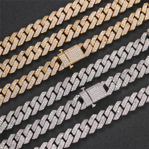

hip hop 15mm double row zircon cuban necklace elastic buckle rhombus cuban chain tide brand personality men's necklace, Silver