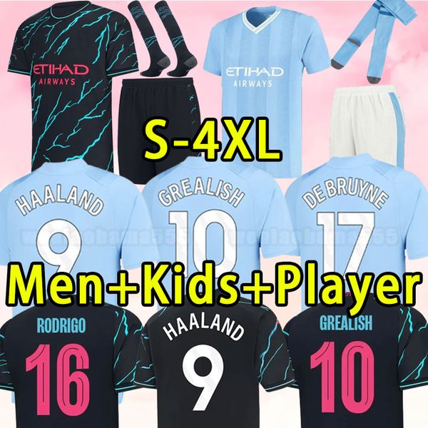 

fans player version haaland soccer jerseys 23 24 de bruyne mans cities grealish mahrez foden ferran 2023 2024 football shirt uniforms men ki, Black;yellow