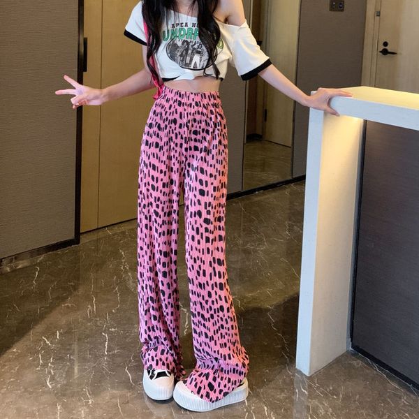 

women's pants capris pink leopard print women's pants loose elastic high waist wide leg pants summer loose pants for women y2k clo, Black;white