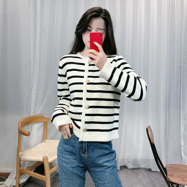 

black and white stripe knitted cardigan women's autumn/winter short sweater round neck loose coat boutique light luxury, White;black