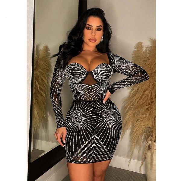 

fashion womens dress pure color gauze diamonds long sleeve short, Black;gray