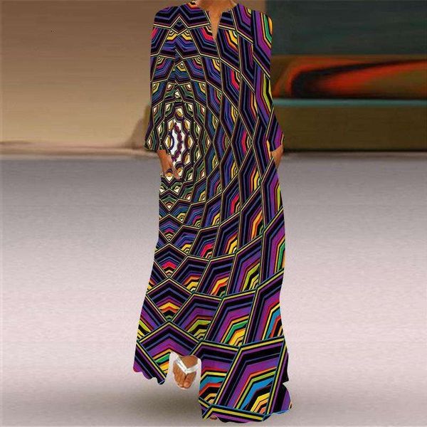 

spring and summer womens long dress v neck sleeved pocket printed loose, Black;gray