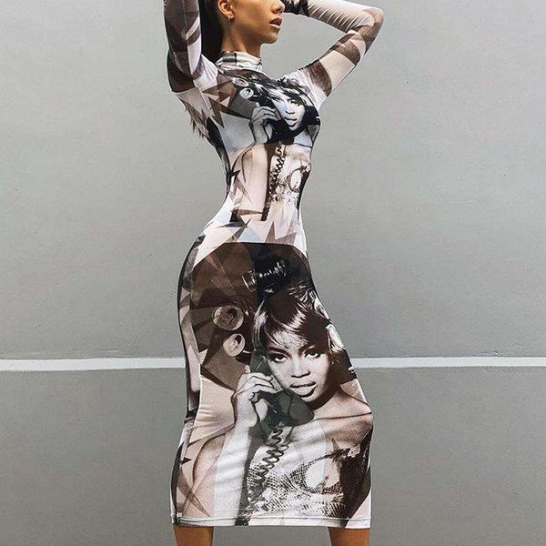 

vintage modern womens clothing figure print see through mesh long sleeve dress stand collar slim, Black;gray