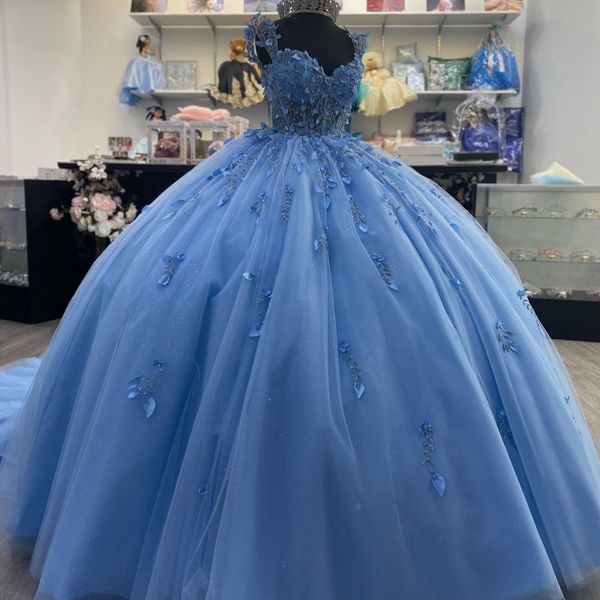 

sky blue glittering quinceanera dress sweetheart crystal beading 3dfloral applique formal birthday vestidos de 15 anos, Blue;red