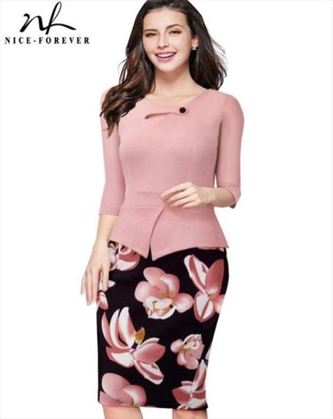 

nice-forever autumn print patchwork button casual dress business three quarter zip back bodycon summer office b2885506722, Black;gray
