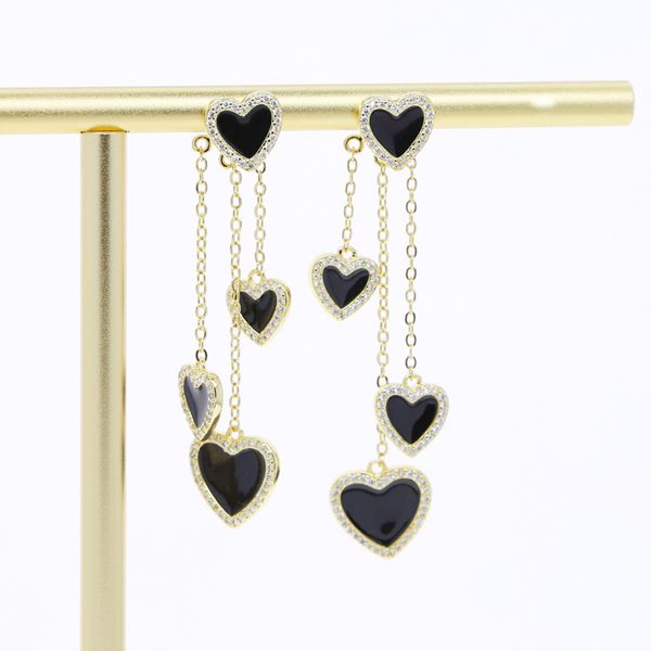

new designer black enamel herat love long tassel chain earrings full iced out bling pave cubic zircon cz fashion hip hop women lady daily gi, Golden