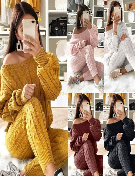 

casual solid women pant suits ladies off shoulder cable knitted warm 2pc loungewear suit set female suit 816067, Black;brown