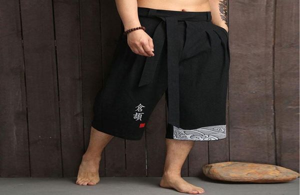 

men039s pants korean kimono traditional style summer casual widelength print male cropped trousers streetwear drop3798471, Black