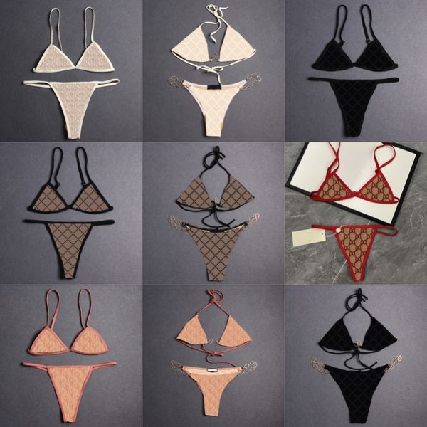 

triangle bikinis women swimwear tulle lace underwear letters embroidered chain halter split swimsuits beach bra briefs with tie woman bathin, Black