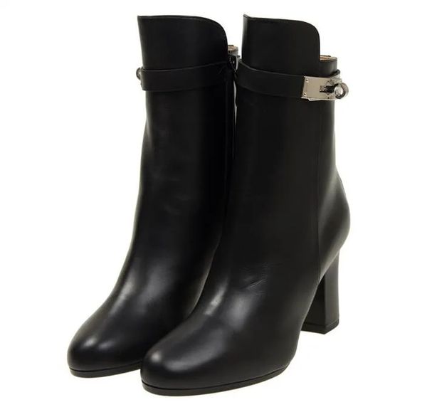 

elgant winter kelly buckles saint germain ankle boot leather women's booty ladies martin chunky heel cool knight western size 35-42, Black