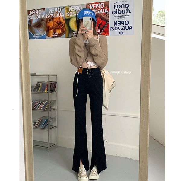 

women's jeans n5797 the slim high waist street mopping straight leg pants split micro flared jeans 230803, Blue