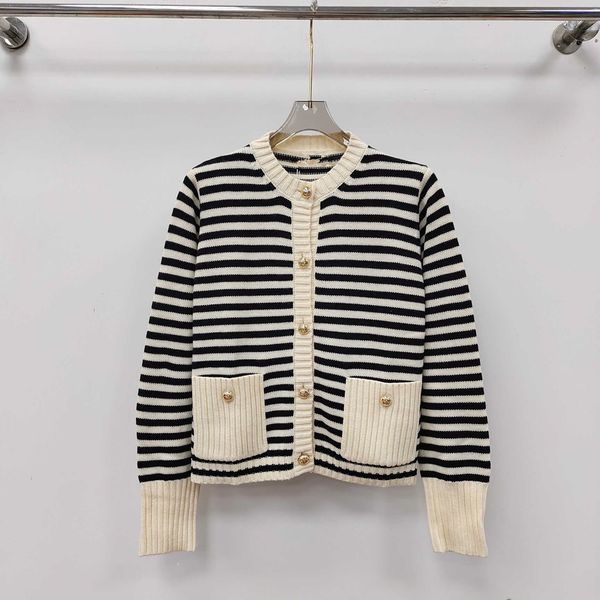 

women's 23ss spring and autumn new women's knitted shirt striped long sleeve knitted sweater round neck versatile coat, White;black