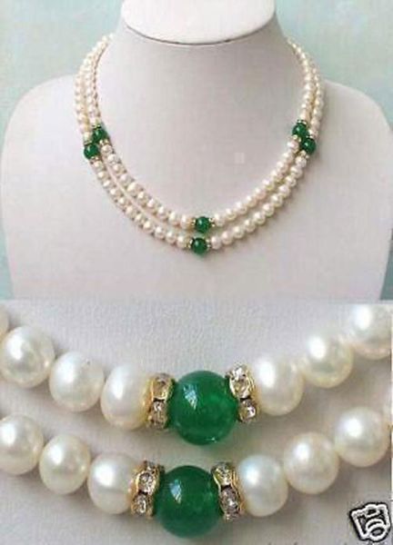 

new 78mm 2rows green jade white pearl necklace01234566478929, Silver