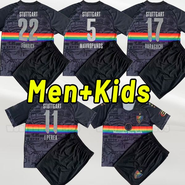 

22 23 vfb stuttgarts kids kit soccer jerseys special edition black mavropanos j.perea haraguchi fuhrich child suit football shirts uniforms, Black;yellow