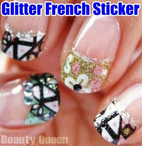 

new arrival mixed korea design 3d glitter french decal nail art sticker sparkle tip tips wrap wraps decoration uv acrylic high qua2732780, Black