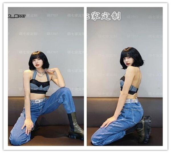 

kpop twice exo iu dance show same sleeveless strapless halter vest blue loose high waist jeans two piece set women x095641833, Gray