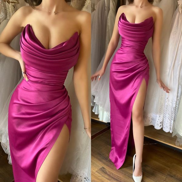 

elegant rosy pink prom dresses strapless satin evening dress pleats backless split formal long special occasion party dress, Black