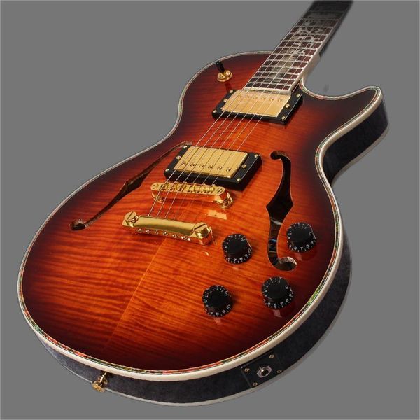 

ustom lp electric guitar with red tiger flame hollow body, mahogany fingerboard, ing