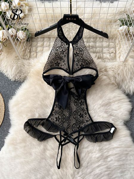 

skirt singreiny bow halter sheer playsuits retro hollow out erotic slim rompers open crotch women backless lace lingerie bodysuit 230803, Red;black