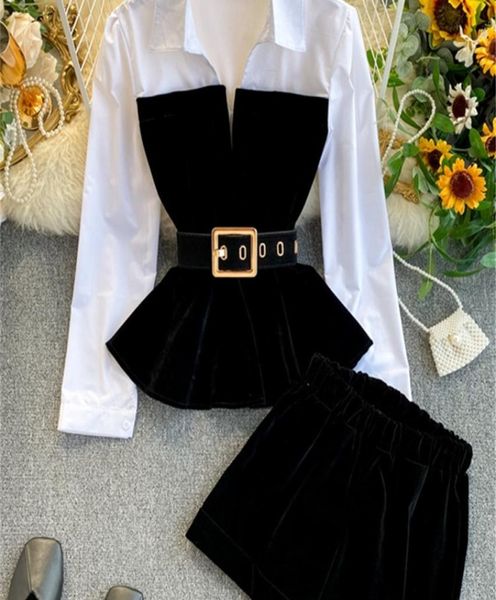 

deat autumn long sleeve patchwork velvet size small with belt high waist shorts two piece set women mh334 2208105740882, Gray