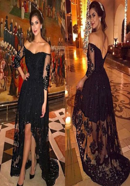 

2018 plus size lace black prom dresses off shoulder 34 long sleeves backless high low evening gowns party dresses3334015