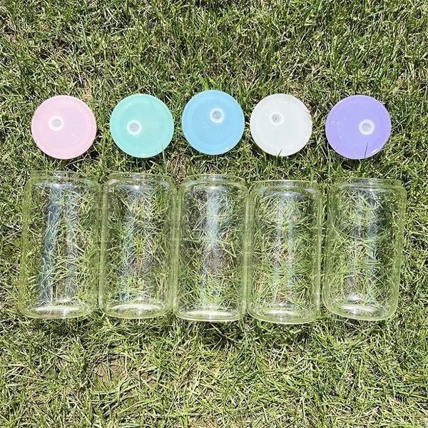 

replaced colored plastic lids for 16oz glass tumbler blank clear frosted glass mason jar libby can cooler cola beer food cans 5 colors t0803