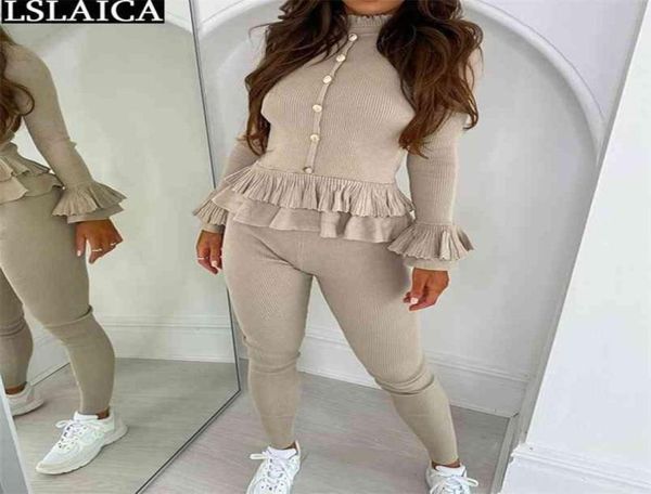 

2 piece set women lounge wear casual ruffles long sleeve turtleneck pencil pants sets autumn slim solid fashion outfits 210514058071, White