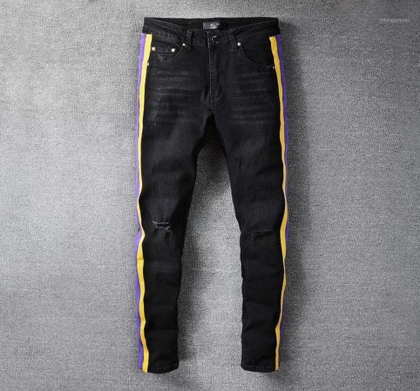 

black slim ripped fashion brand jeans pants casual hip dance four season streetwear yellow purple striped men men039s6546115, Blue