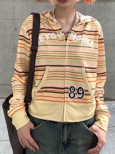 

women's jackets season casual short jacket colorful striped high street autumn hooded sweatshirt with pockets y2k preppy coats asco8565, Black;brown