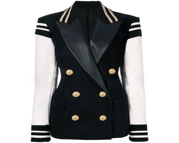 

high street new fashion stylish blazer varsity jacket women039s leather sleeve patchwork lion buttons blazer 2011144877789, White;black