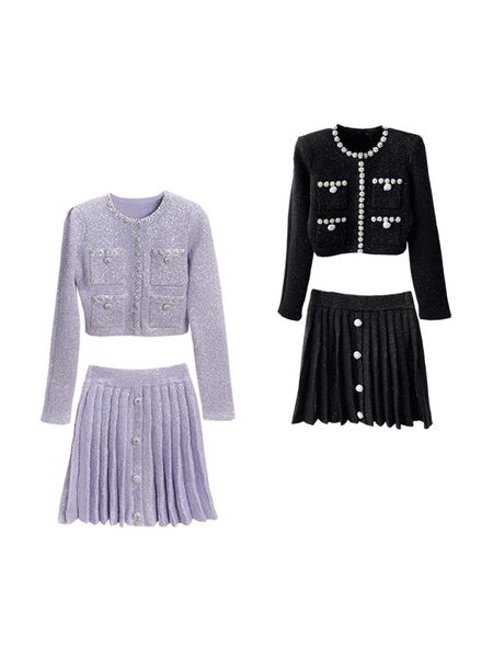 

2023 early autumn new seip-p heavy industry water diamond small fragrance knitted cardigan women's short pleated skirt half body skirt, Black;gray