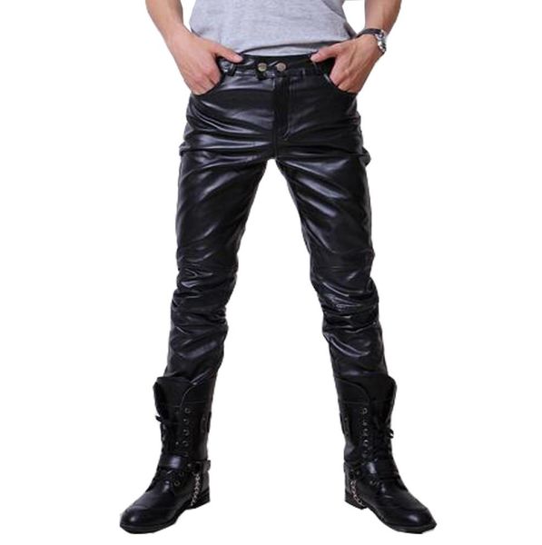 

whole2016 hip hop mens leather pants faux leather pu material 3 colors motorcycle skinny faux leather outdoor pants9927238, Black