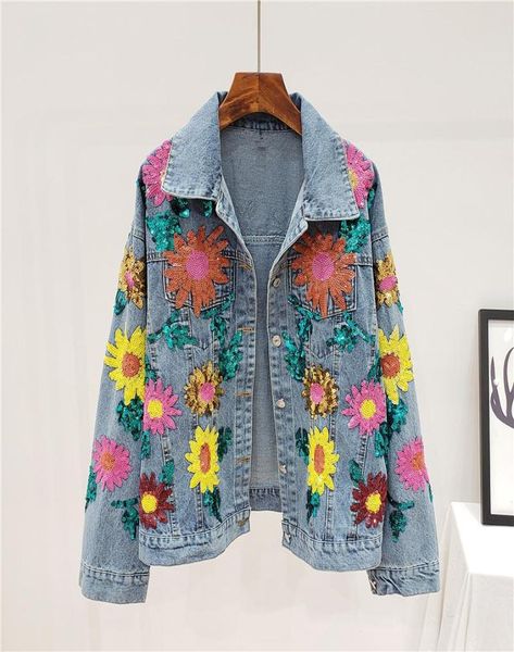 

women039s jackets 2021 spring denim jacket women sequins floral embroidery long sleeve coat female sun flower loose jeans tide 5395858, Black;brown