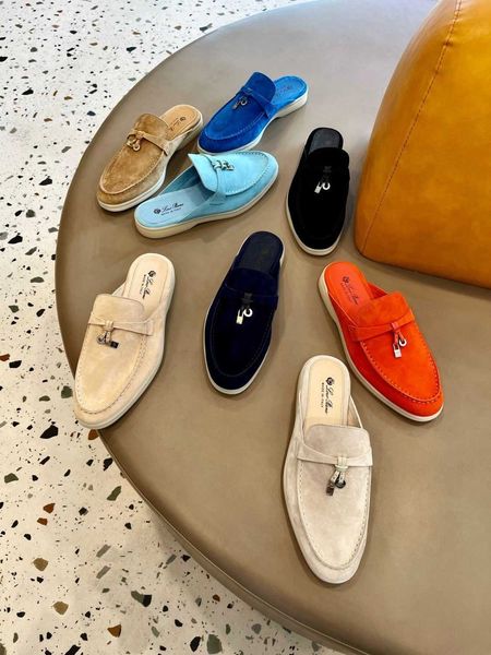 

loro * piana half trailer 23 year new women's genuine leather versatile half bag slippers lp mueller shoes tassel pendant sandals, Black